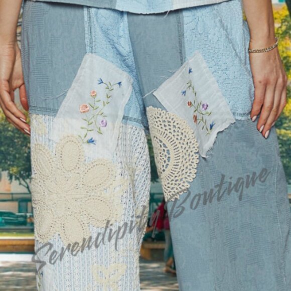 POL Lace & Patchwork Denim Gauze Super Baggy Flare Wide Leg Boho Pants - Picture 8 of 11